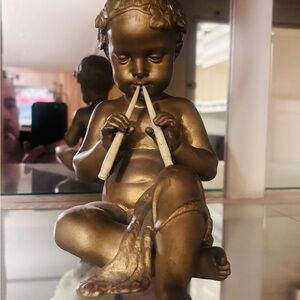 Early 1900s Bronze cherub sculpture playing hand carved bone flutes ….